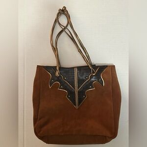 Gianni Bini Brown Suede Tote Bag Boho Western Croc Embossed Leather Tassel